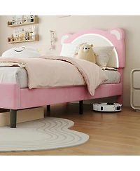 gaomon Twin Xl Kids Bed Frame, Upholstered Platform with Adjustable Headboard & Led,Wooden Slats, No Box Spring, Nursery