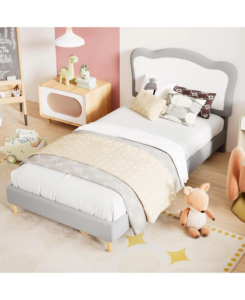 Gaomon Twin Velvet Bed Frame for Kids – Upholstered Scallop Headboard, Sturdy Platform, Wooden Slats,Grey White