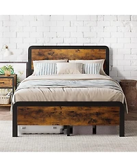 Gaomon Metal Platform Bed Frame with Rustic Wood Headboard, No Box Spring Rustic Brown