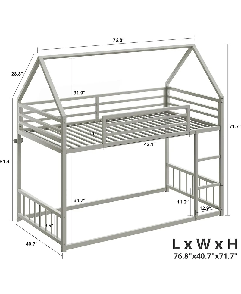 Likimio Bunk Bed Twin Over Twin, House Bunk Bed Frame with Ladder and Guardrail, House Shaped with Metal Slats for Dormitory and Bedroom