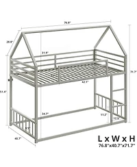 Likimio Bunk Bed Twin Over Twin, House Bunk Bed Frame with Ladder and Guardrail, House Shaped with Metal Slats for Dormitory and Bedroom