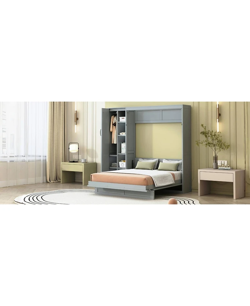 Streamdale Furniture Full Murphy Bed Wall with Shelves, Wardrobe and Led Lights, Gray