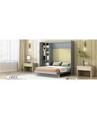 Streamdale Furniture Full Murphy Bed Wall with Shelves, Wardrobe and Led Lights, Gray