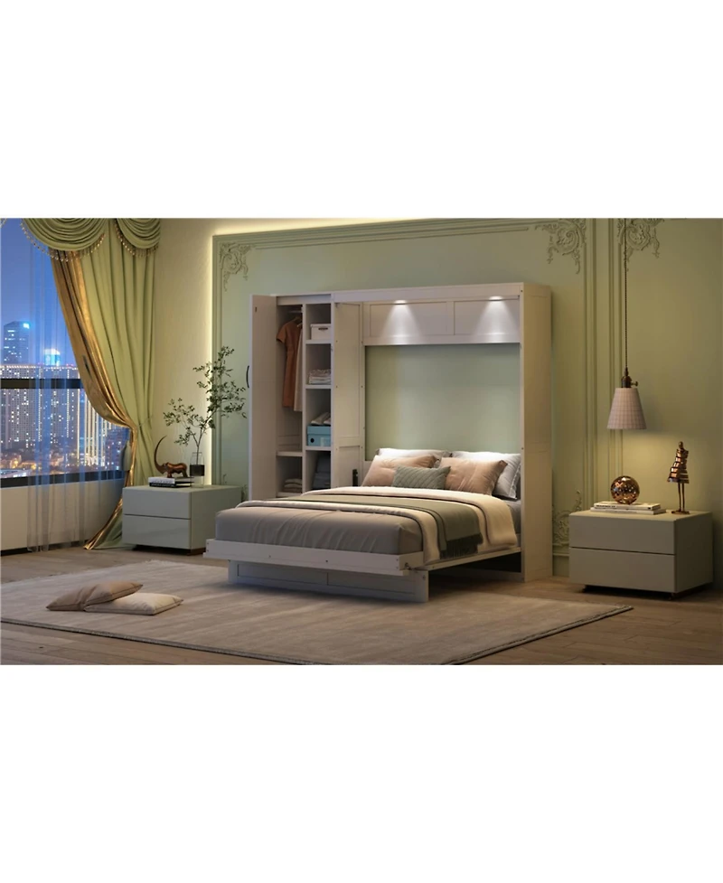 Streamdale Furniture Queen Size Murphy Bed Wall Bed with Shelves, Wardrobe and Led