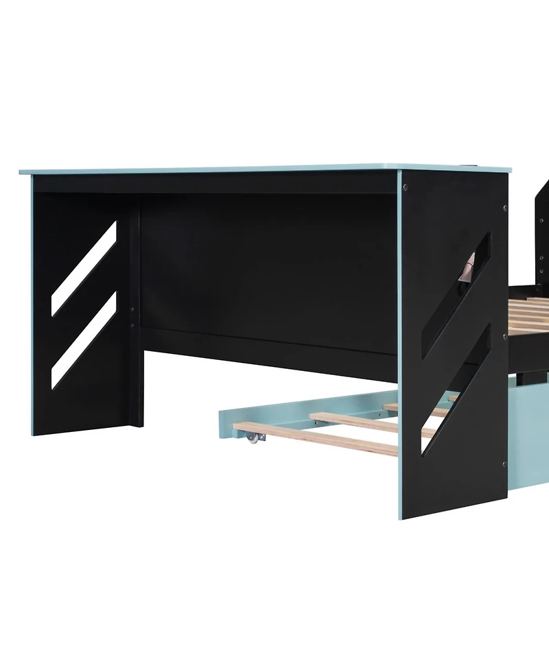 Streamdale Furniture Full Wood Daybed with Twin Trundle, Desk and Usb, Cloud Blue