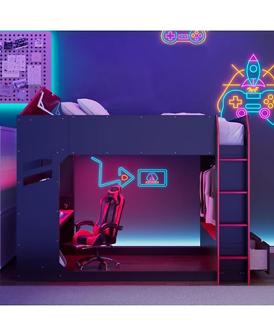 Streamdale Furniture Full Size Wood Loft Bed with Adjustable Desk, Drawers, Storage, Rgb Lights, Blue