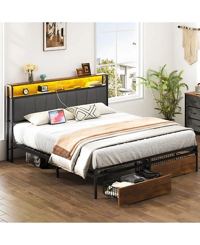 Streamdale Queen-Size Upholstered Platform Bed Frame with Storage, Usb Ports, Headboard, Brown