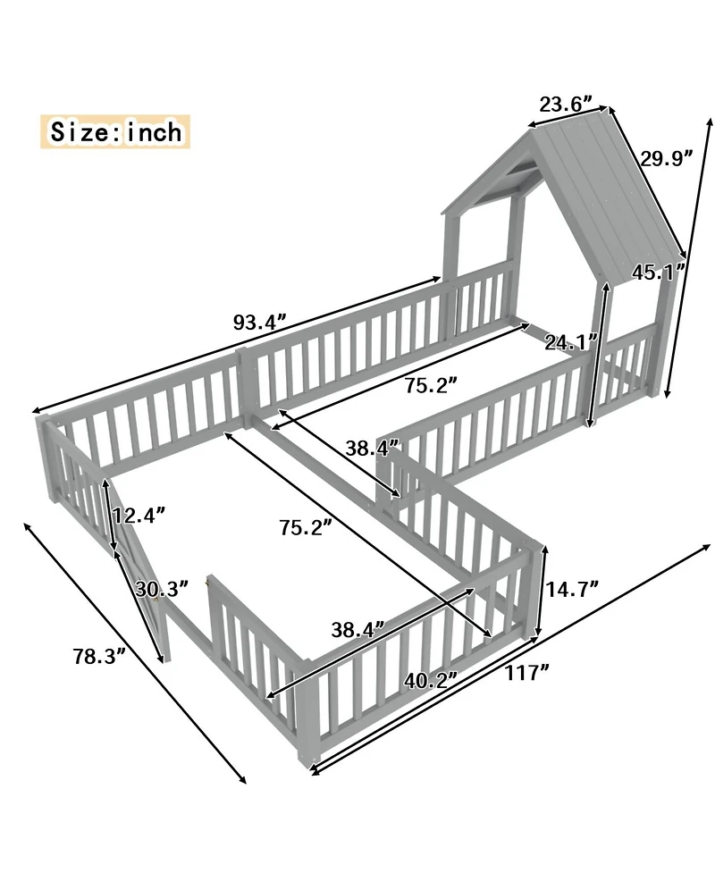 Streamdale Furniture Streamdale Twin Size House Floor Bed with Door and Guardrails, Grey