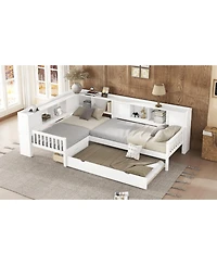 Streamdale Furniture L-shaped Twin Platform Bed with Trundle, Storage Drawers & Shelves, White