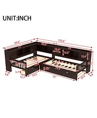 Streamdale Furniture L-shaped Twin Platform Bed w/ Trundle, Storage Drawers & Shelves, Espresso