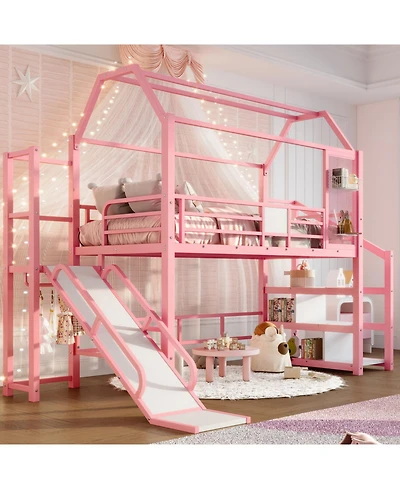Streamdale Furniture Twin Loft Bed with Slide, Stairs, Storage Shelves & Roof - Pink