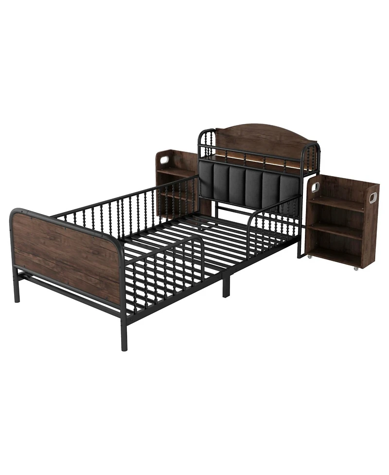 Streamdale Furniture Streamdale Twin Metal Platform Bed with Light, Upholstered Headboard & Storage Shelves, Black