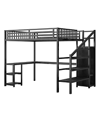 Streamdale Furniture Metal Queen Loft Bed with Wardrobe, Led, L-Shaped Desk & Usb