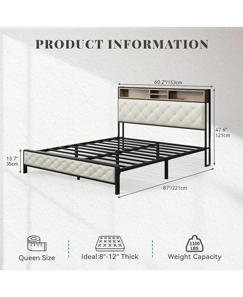 Streamdale Furniture Queen Size Upholstered Platform Bed Frame with Charging Station - Beige