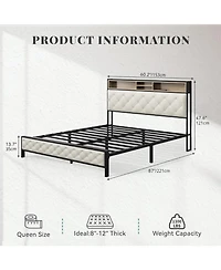 Streamdale Furniture Queen Size Upholstered Platform Bed Frame with Charging Station - Beige