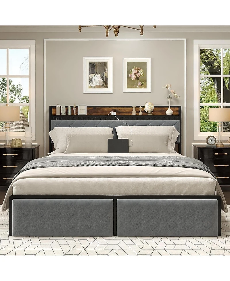gaomon Velvet Upholstered Platform Bed Frame with Curved Button-Tufted Headboard, Golden Base and Sturdy Wood Slat Support