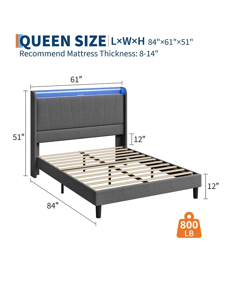 gaomon Bed Frame with Charging Station & Led Lights, Modern Platform Bed with Wooden Slats, Upholstered Headboard, No Box Spring, Easy Assembly