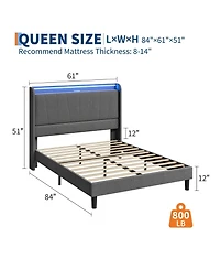 gaomon Bed Frame with Charging Station & Led Lights, Modern Platform Bed with Wooden Slats, Upholstered Headboard, No Box Spring, Easy Assembly
