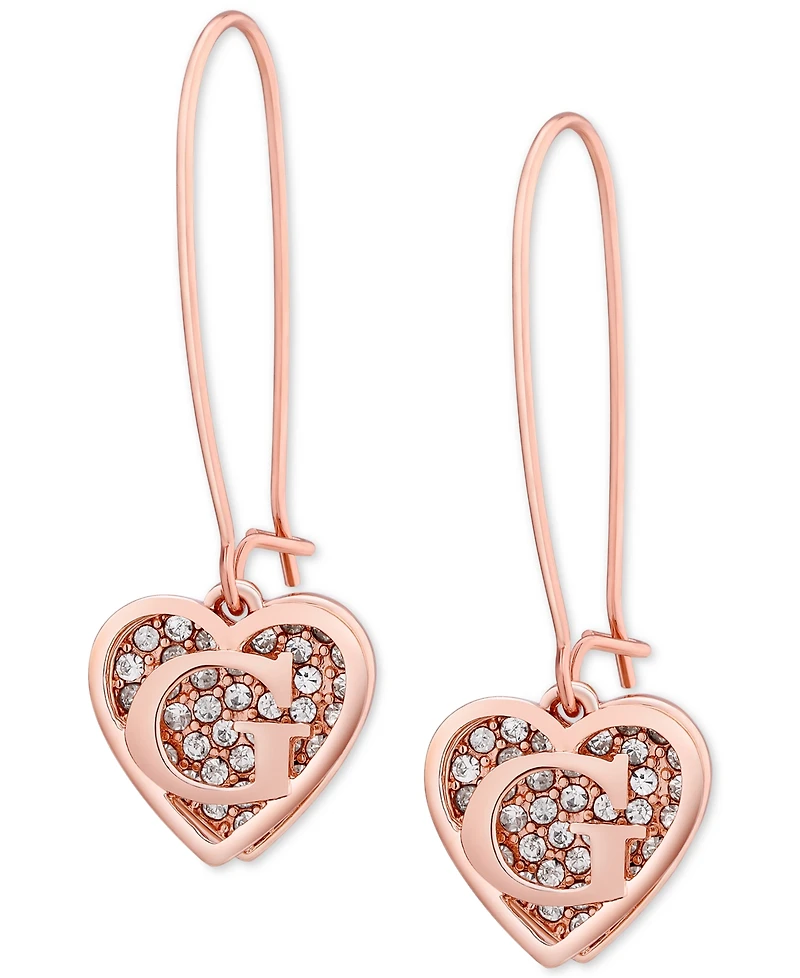 Guess Rose Gold-Tone Pave Heart Logo Drop Earrings