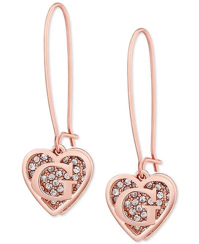 Guess Rose Gold-Tone Pave Heart Logo Drop Earrings