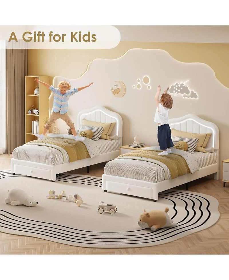 gaomon Twin Led Upholstered Bed Frame with Storage Drawer – Velvet Princess Platform for Kids/Girls, Sturdy Wood Slats, No Box Spring