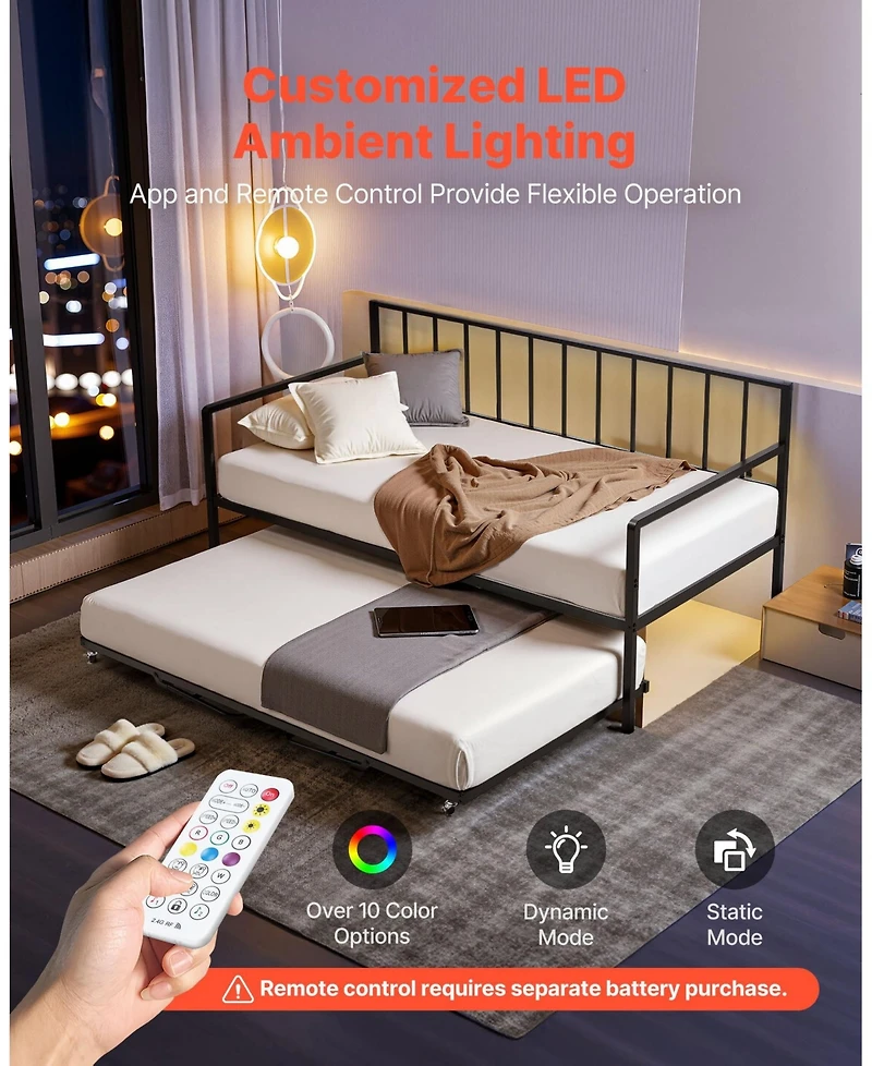 Slickblue Metal Pull-Out Trundle, Led Lights, Charging Station, Adjustable Backrest Daybed Frame