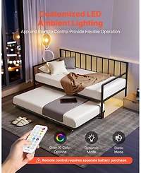 Slickblue Metal Pull-Out Trundle, Led Lights, Charging Station, Adjustable Backrest Daybed Frame