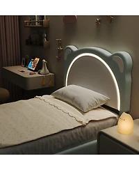 gaomon Twin Kids Upholstered Platform Bed Frame with Adjustable Headboard, Drawer, Led Light, Wood Slats, No Box Spring