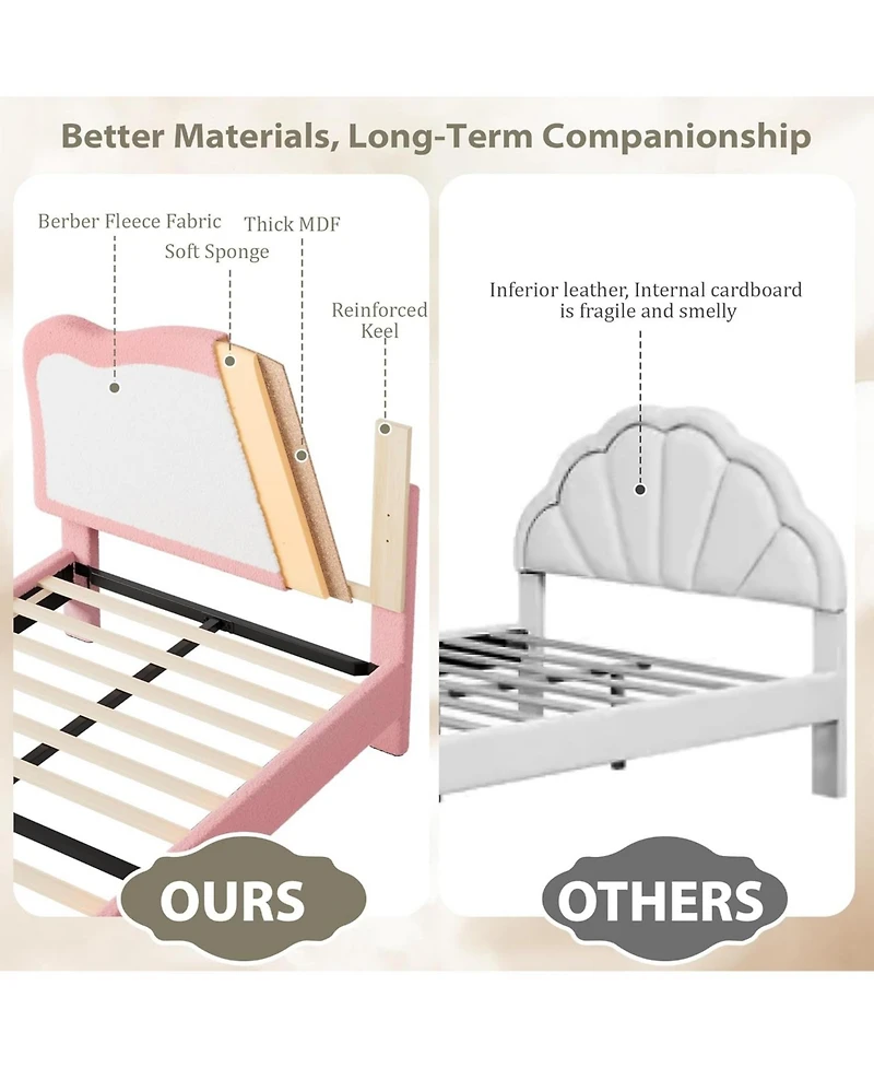 gaomon Twin Size Kids Upholstered Bed Frame with Scallop Velvet Headboard, Sturdy Slats, Noise-Free, Pink & White