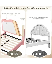 gaomon Twin Size Kids Upholstered Bed Frame with Scallop Velvet Headboard, Sturdy Slats, Noise-Free, Pink & White