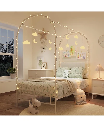 Twin Size Canopy Bed Frame with Upholstered Headboard, Underbed Storage, Decorative Arched Metal, White