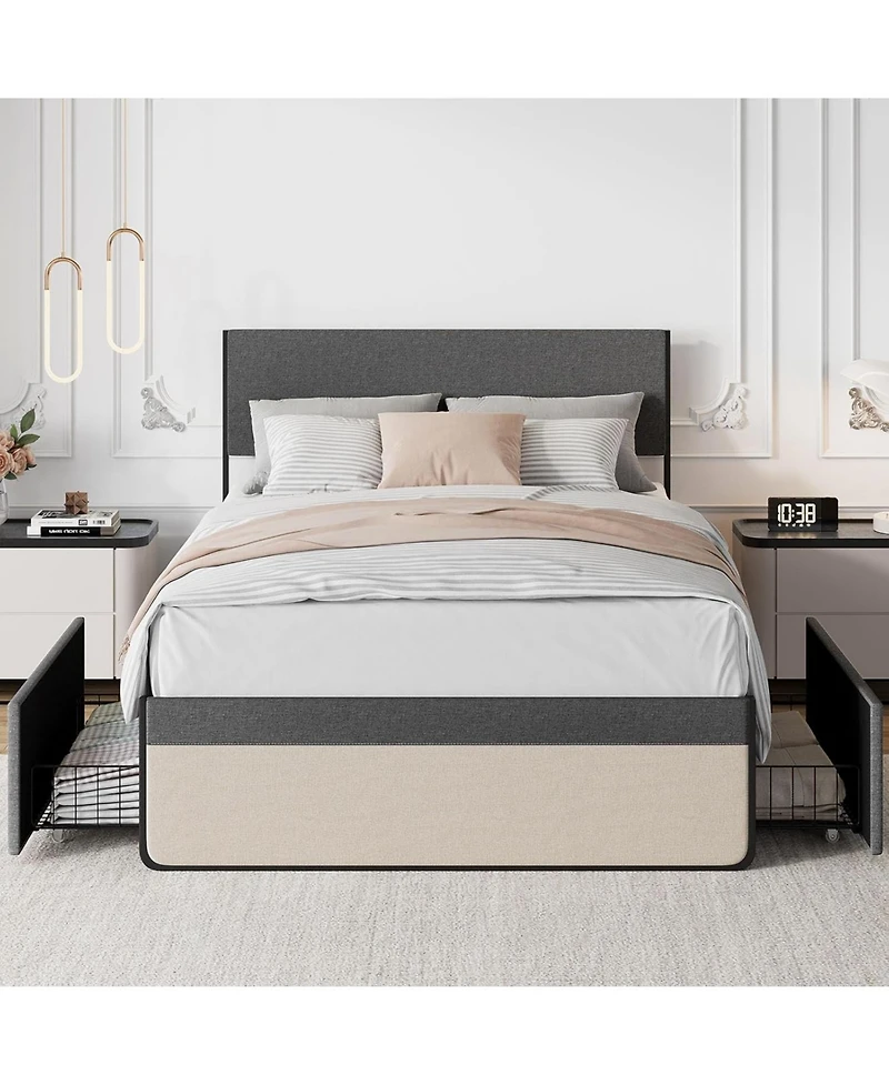 gaomon Full Upholstered Bed Frame with Headboard 2 Storage Drawers Metal Slats No Box Spring Noise Free
