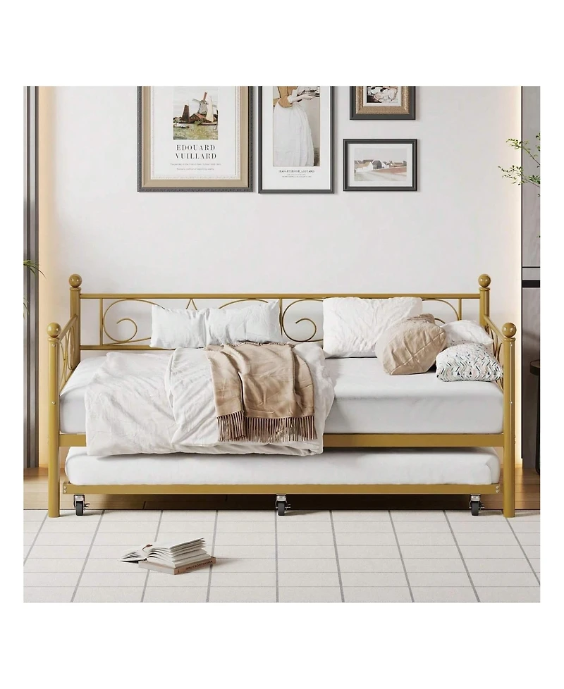 gaomon Twin Daybed with Trundle Metal Sofa Bed Heavy Duty Slats Space Saving Guest Room Gold