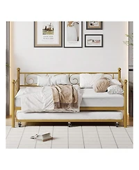 gaomon Twin Daybed with Trundle Metal Sofa Bed Heavy Duty Slats Space Saving Guest Room Gold