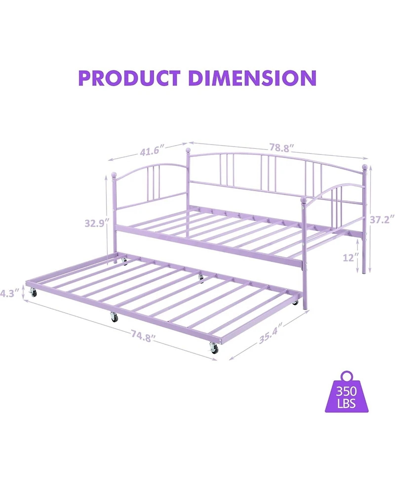 gaomon Twin Daybed with Trundle Metal Frame Pullout Trundle 6 Casters Steel Slats Living Room Bedroom Guest Room No Box Spring Purple