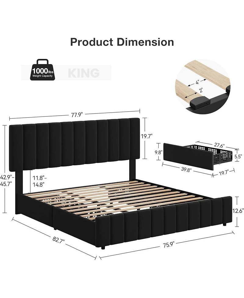gaomon King 4 Storage Drawers, Adjustable Headboard, Wooden Slats, Black Linen Upholstered Platform Bed Frame