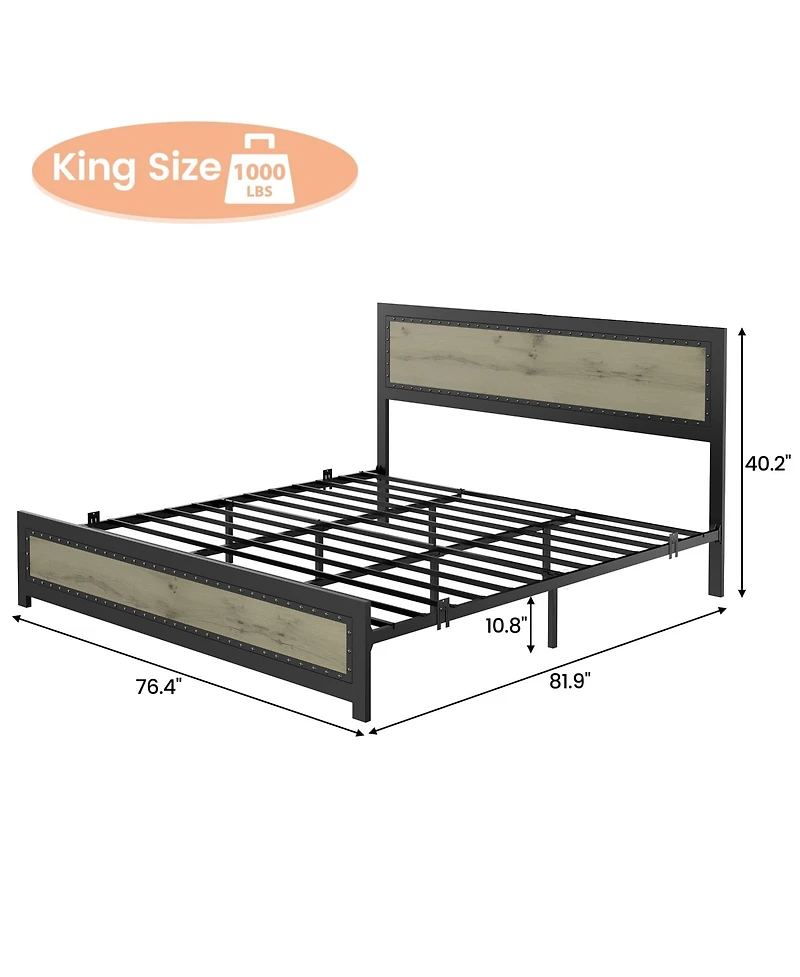 gaomon King Bed Frame Industrial Platform with Charging Station Headboard Metal Slats Easy Assembly Washed Grey