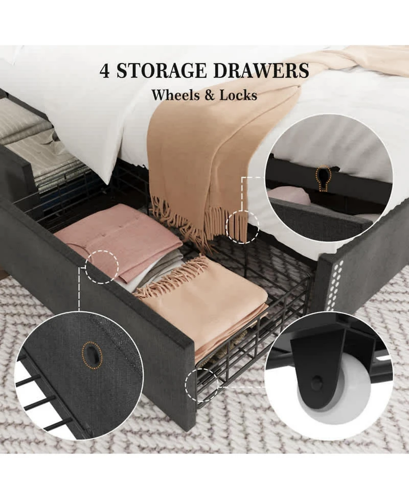 gaomon Full Bed Frame Gray Upholstered 4 Storage Drawers Wingback Headboard Charging Station Button Tufted