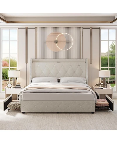Full Size Upholstered Bed Frame with 4 Storage Drawers Charging Station Wingback Headboard Platform No Box Spring Needed Noise-Free