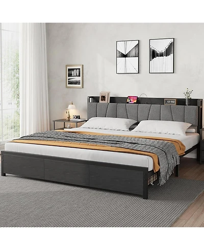 gaomon King Size Platform Bed Frame Metal+Pb Board Upholstered Two Mesh Drawers Charging Station No Box Spring