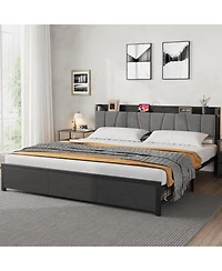 gaomon King Size Platform Bed Frame Metal+Pb Board Upholstered Two Mesh Drawers Charging Station No Box Spring