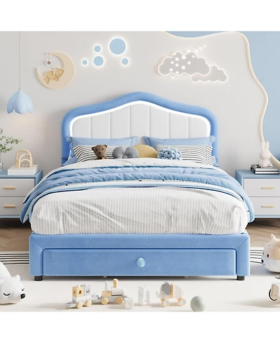 gaomon Full Size Upholstered Led Bed Frame with Storage Drawer Velvet Platform for Kids Wooden Slats No Box Spring Blue