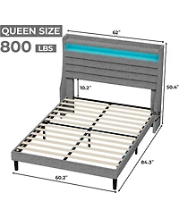 gaomon Queen Size Upholstered Platform Bed Frame with Headboard Charging Station Led Lights Wooden Slats No Box Spring