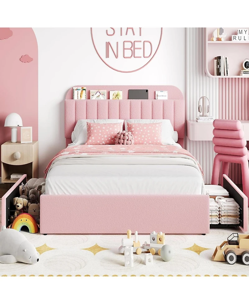 Full Size Boucle Upholstered Platform Bed Frame with Bookcase Headboard 2 Drawers for Girls No Box Spring Pink