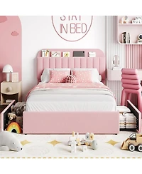 Full Size Boucle Upholstered Platform Bed Frame with Bookcase Headboard 2 Drawers for Girls No Box Spring Pink