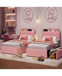 gaomon Twin Size Boucle Upholstered Platform Bed Frame with Bookcase Headboard 2 Drawers for Girls No Box Spring Pink