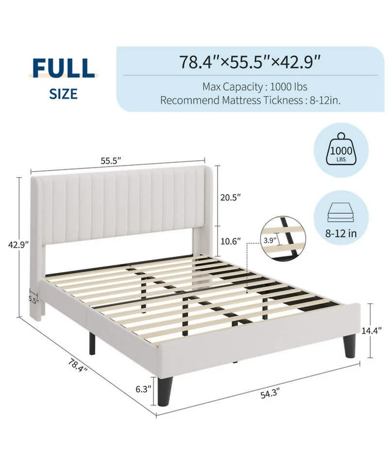gaomon Full Size White Velvet Platform Bed Frame Channel Tufted Wingback Headboard Upholstered Wood Slats No Box Spring