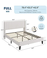 gaomon Full Size White Velvet Platform Bed Frame Channel Tufted Wingback Headboard Upholstered Wood Slats No Box Spring