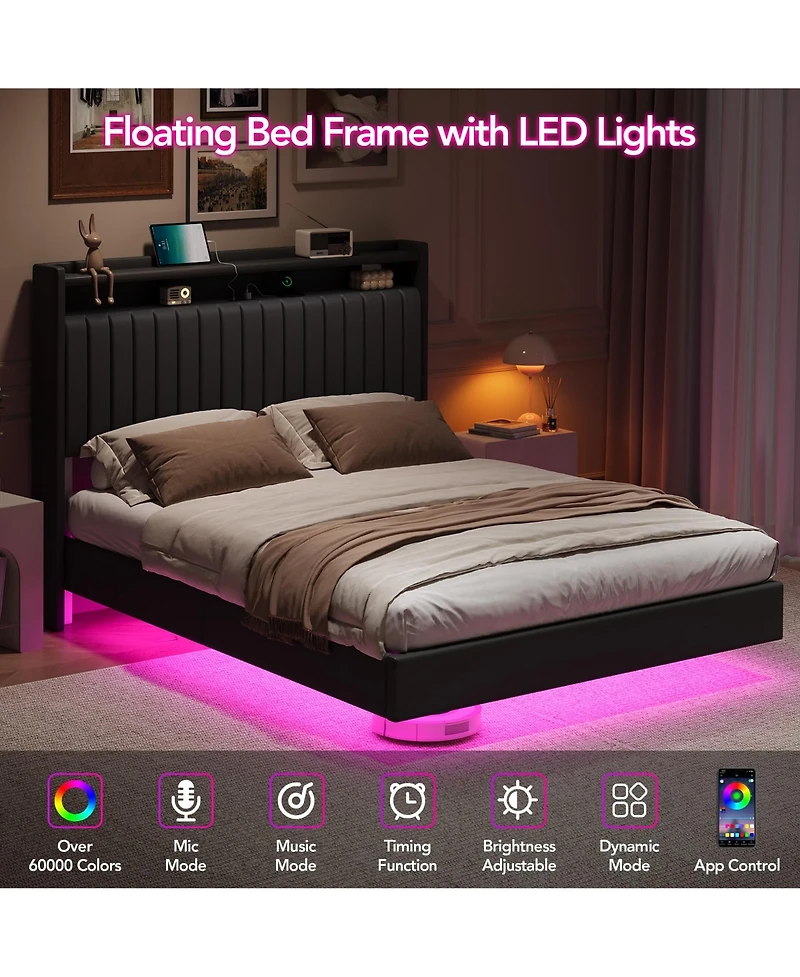Gaomon Floating Bed Frame with Rgb Led Lights & Charging Station