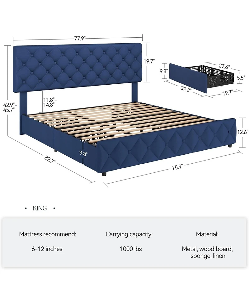 gaomon King Bed Frame with 4 Storage Drawers and Headboard, Linen Upholstered Platform